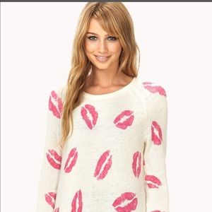 Rhapsody - “Kiss Me Pretty” Sweater - White Sweater with Red Lips - Size Large